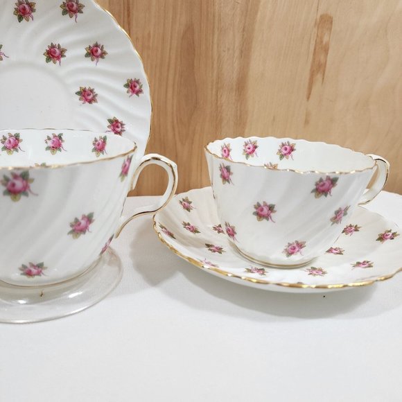 John Aynsley Hathaway Cup & Saucer bone china roses swirled edge England 2 sets - Picture 3 of 11